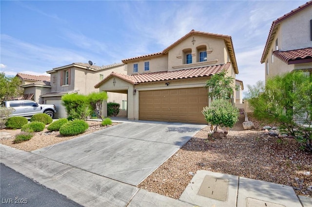 9039 Alex Creek Ave, Las Vegas, NV 89149 - mediterranean / spanish house with an attached garage, stucco siding, concrete driveway, and a tile roof