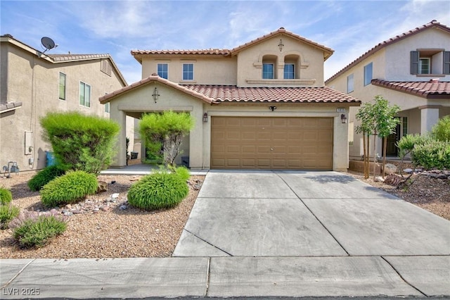 9039 Alex Creek Ave, Las Vegas, NV 89149 - mediterranean / spanish home with stucco siding, concrete driveway, a tile roof, and a garage