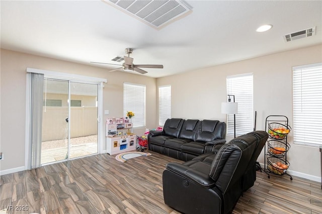 9039 Alex Creek Ave, Las Vegas, NV 89149 - living area featuring wood finished floors, a ceiling fan, baseboards, plenty of natural light, and recessed lighting