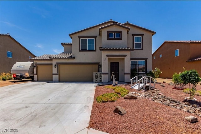 3821 E Summit Ave, Pahrump, NV 89061 - view of front of house with stucco siding, driveway, a tile roof, a garage, and an attached garage