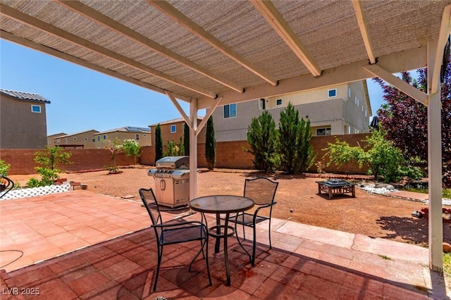 3821 E Summit Ave, Pahrump, NV 89061 - fenced backyard with a patio, grilling area, outdoor dining space, and an outdoor fire pit