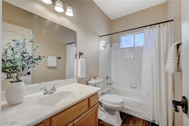 983 Cutter St, Henderson, NV 89011 - bathroom featuring vanity, shower / tub combo with curtain, and wood finished floors