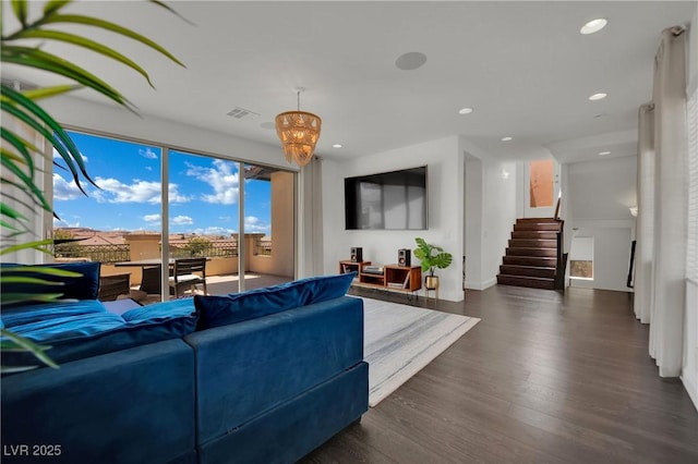 362 Port Reggio St, Las Vegas, NV 89138 - living room with stairway, dark wood-style flooring, baseboards, and recessed lighting