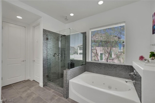 362 Port Reggio St, Las Vegas, NV 89138 - bathroom with a jetted tub, a stall shower, recessed lighting, and tile patterned floors