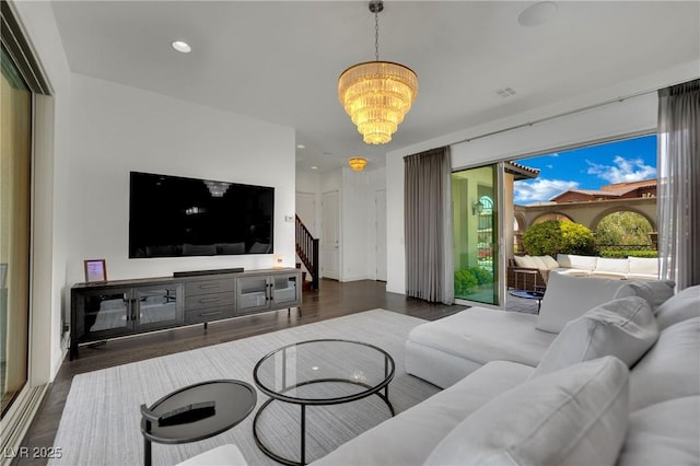 362 Port Reggio St, Las Vegas, NV 89138 - living area with a chandelier, wood finished floors, stairway, and recessed lighting