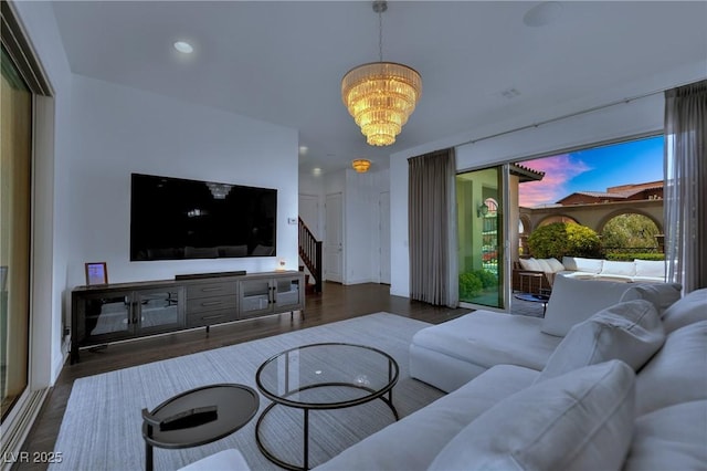362 Port Reggio St, Las Vegas, NV 89138 - living room with a chandelier, stairs, wood finished floors, and recessed lighting