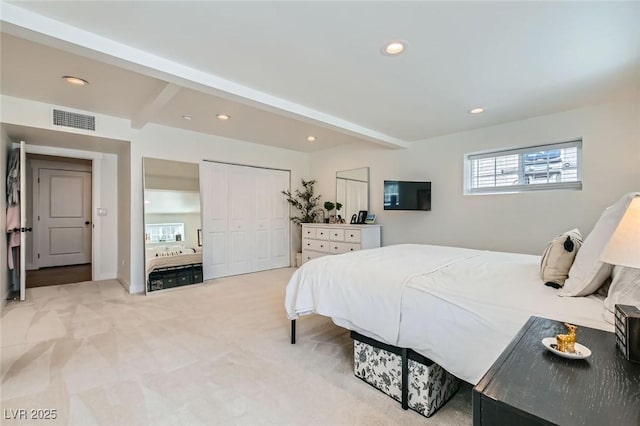 615 D Ave, Boulder City, NV 89005 - bedroom with recessed lighting, beam ceiling, light colored carpet, and a closet