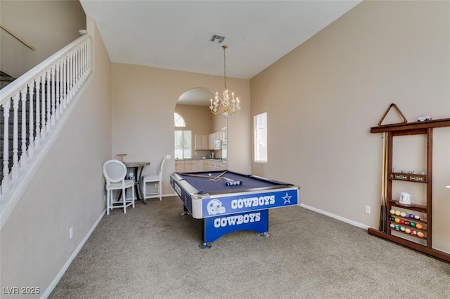 2090 Eaglepath Cir, Henderson, NV 89074 - game room with carpet flooring, arched walkways, pool table, a chandelier, and baseboards