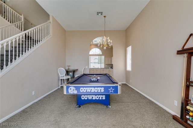 2090 Eaglepath Cir, Henderson, NV 89074 - rec room featuring carpet, a chandelier, pool table, and baseboards