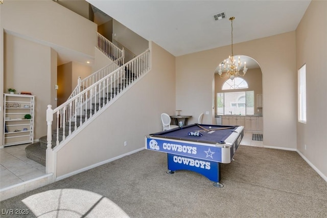 2090 Eaglepath Cir, Henderson, NV 89074 - rec room with carpet, arched walkways, baseboards, and billiards table
