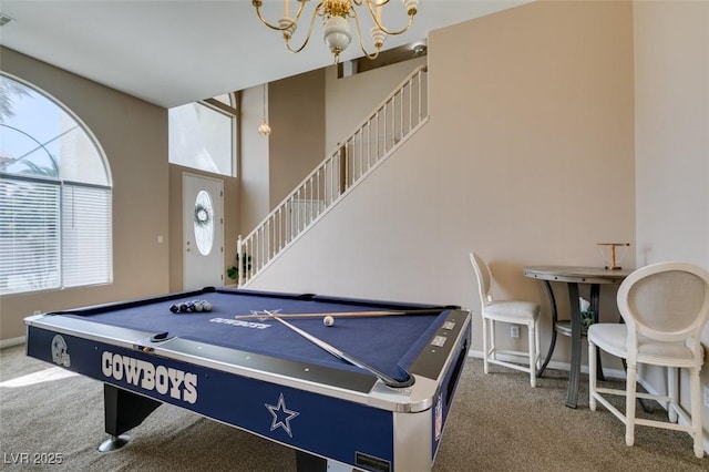 2090 Eaglepath Cir, Henderson, NV 89074 - game room with carpet floors, a chandelier, pool table, and baseboards