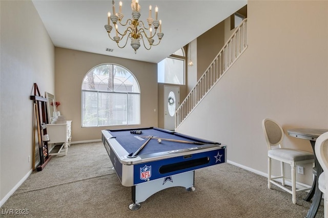 2090 Eaglepath Cir, Henderson, NV 89074 - rec room with carpet, a chandelier, billiards, and baseboards