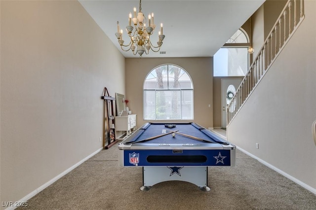 2090 Eaglepath Cir, Henderson, NV 89074 - rec room with carpet floors, a chandelier, pool table, and baseboards