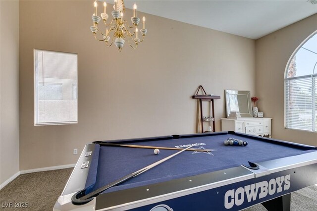 2090 Eaglepath Cir, Henderson, NV 89074 - recreation room with carpet, a chandelier, baseboards, and billiards table