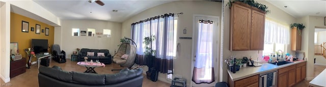 5043 Gable Crest Ct, Las Vegas, NV 89141 - living room with ceiling fan and lofted ceiling