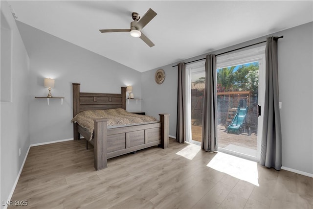 3905 Blairmoor St, North Las Vegas, NV 89032 - bedroom with access to exterior, vaulted ceiling, light wood finished floors, ceiling fan, and baseboards