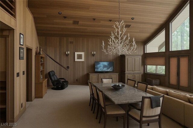 4178 Matterhorn Way, Las Vegas, NV 89124 - dining space featuring wood ceiling, vaulted ceiling, light carpet, wooden walls, and a chandelier