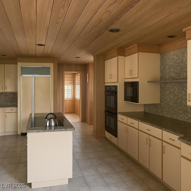 4178 Matterhorn Way, Las Vegas, NV 89124 - kitchen with wooden ceiling, black appliances, light tile patterned floors, tasteful backsplash, and open shelves