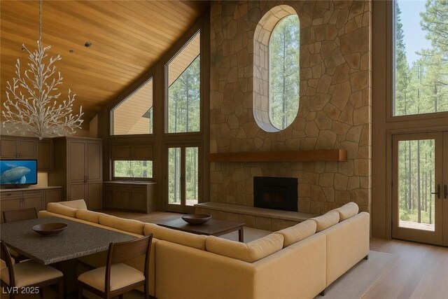 4178 Matterhorn Way, Las Vegas, NV 89124 - living area featuring high vaulted ceiling, light wood-type flooring, a fireplace, and wood ceiling