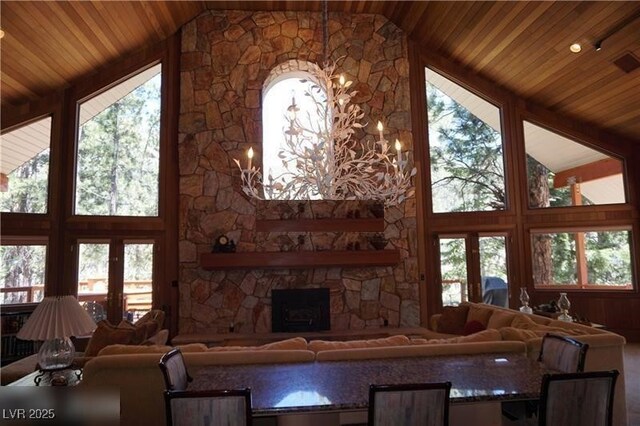 4178 Matterhorn Way, Las Vegas, NV 89124 - living room featuring wooden ceiling, healthy amount of natural light, high vaulted ceiling, and a stone fireplace