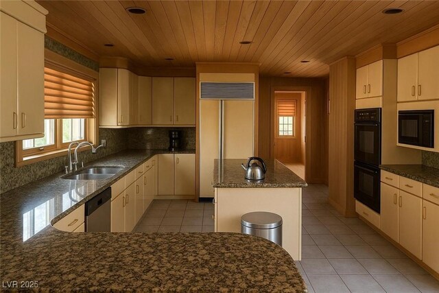 4178 Matterhorn Way, Las Vegas, NV 89124 - kitchen with black appliances, a sink, wooden ceiling, light tile patterned floors, and tasteful backsplash
