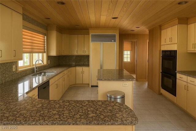 4178 Matterhorn Way, Las Vegas, NV 89124 - kitchen with a sink, wooden ceiling, paneled fridge, tasteful backsplash, and light tile patterned floors