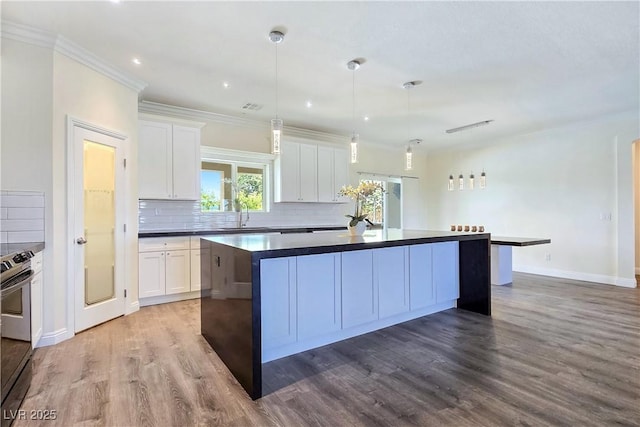 5500 Santovito St, Pahrump, NV 89061 - kitchen with a sink, electric range, a center island, wood finished floors, and crown molding