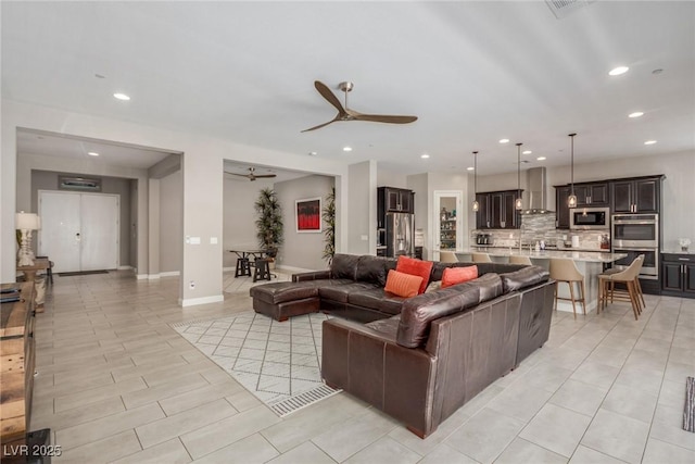 8 Via Tiberina, Las Vegas, NV 89011 - living room featuring a ceiling fan, recessed lighting, and light tile patterned floors