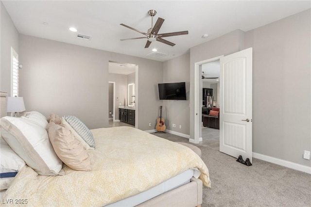 8 Via Tiberina, Las Vegas, NV 89011 - bedroom featuring baseboards, light colored carpet, recessed lighting, ensuite bath, and a ceiling fan