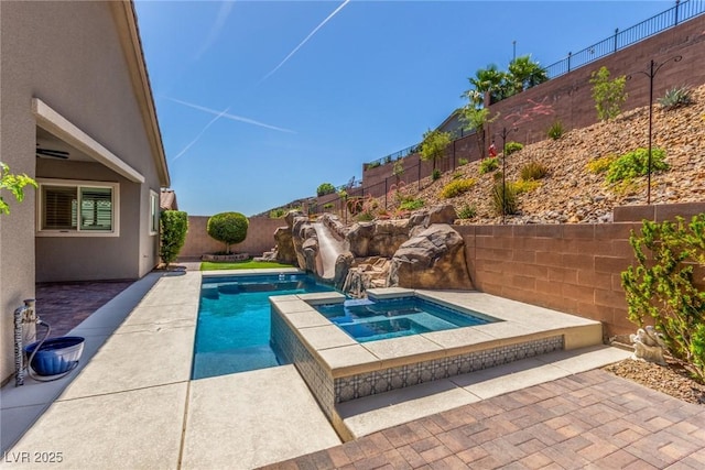 8 Via Tiberina, Las Vegas, NV 89011 - view of swimming pool with a fenced backyard, an in-ground hot tub, and a patio