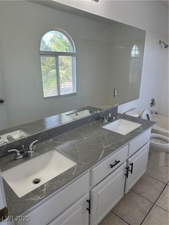1511 Balsam Mist Ave, Las Vegas, NV 89183 - bathroom with double vanity, toilet, tile patterned floors, and  shower combination
