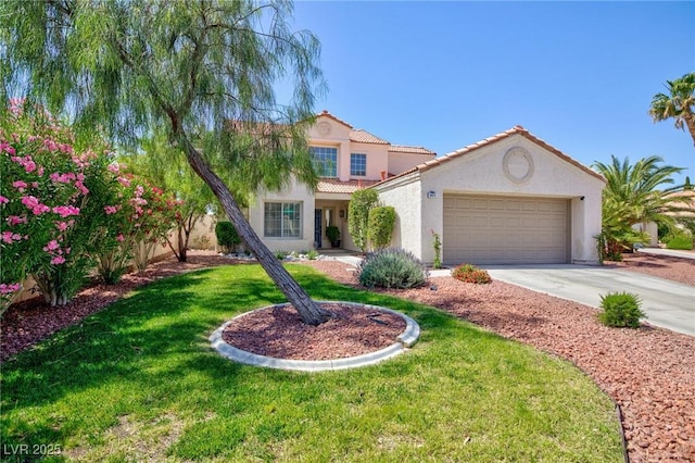 9817 Dardanelle Ct, Las Vegas, NV 89117 - mediterranean / spanish-style home with stucco siding, concrete driveway, a tile roof, a garage, and a front yard