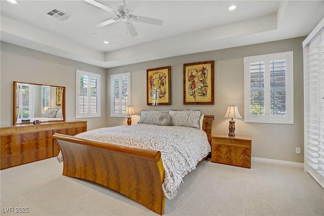 3155 Dalmazia Ave, Henderson, NV 89044 - bedroom with carpet floors, a raised ceiling, recessed lighting, baseboards, and ceiling fan