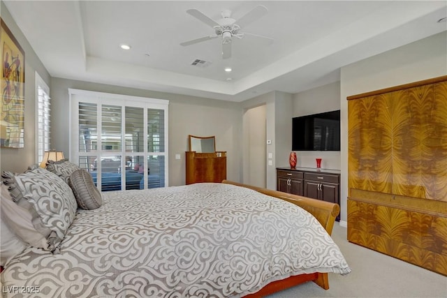 3155 Dalmazia Ave, Henderson, NV 89044 - bedroom with carpet, a raised ceiling, recessed lighting, and ceiling fan