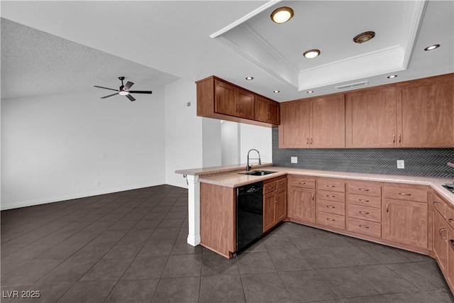 6791 Greengrove Dr, Las Vegas, NV 89103 - kitchen with dishwasher, a sink, a raised ceiling, decorative backsplash, and ornamental molding