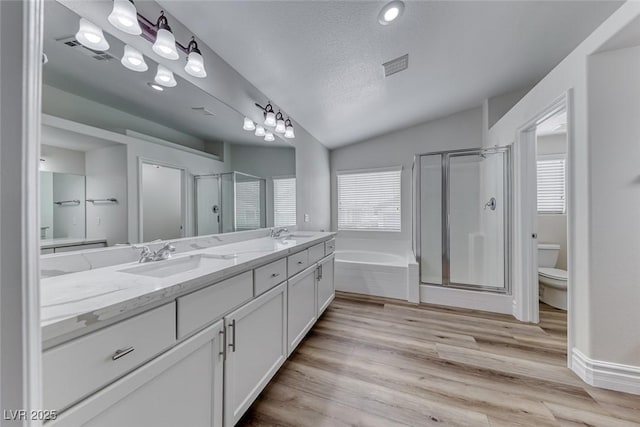 9766 Marcelline Ave, Las Vegas, NV 89148 - bathroom with vaulted ceiling, double vanity, a shower stall, toilet, and a bath