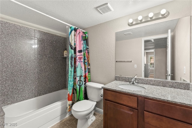 2606 S Durango Dr Unit 245, Las Vegas, NV 89117 - bathroom featuring toilet, shower / bath combination with curtain, vanity, tile patterned flooring, and a textured wall