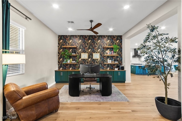 10906 Mila Landing Ave, Las Vegas, NV 89166 - office space featuring an accent wall, ceiling fan, recessed lighting, light wood finished floors, and baseboards