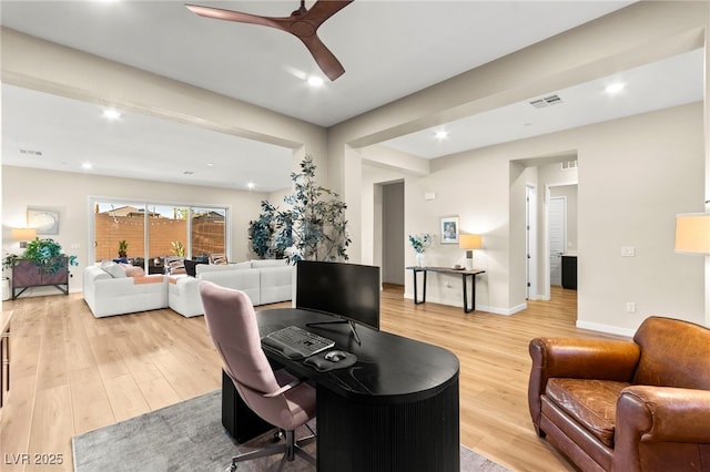 10906 Mila Landing Ave, Las Vegas, NV 89166 - home office with ceiling fan, light wood-type flooring, recessed lighting, and baseboards