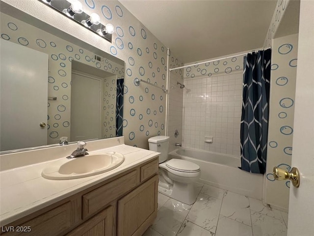 698 S Racetrack Rd Unit 1411, Henderson, NV 89015 - bathroom featuring toilet, shower / bathtub combination with curtain, vanity, and marble finish floors