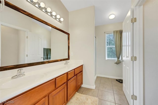 1101 Elation Ln Unit 2, Henderson, NV 89002 - bathroom featuring a shower with shower door, double vanity, baseboards, and tile patterned floors