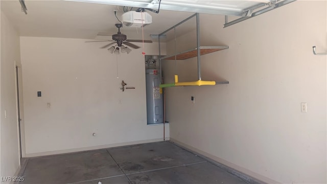 864 Chianti Way, Mesquite, NV 89027 - garage with electric water heater, baseboards, a garage door opener, and ceiling fan