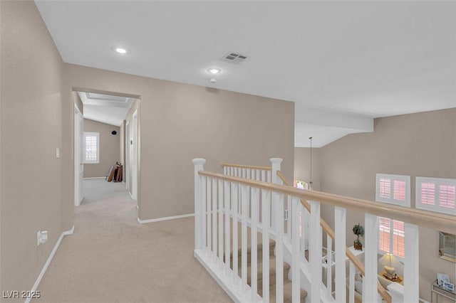 9017 Cotton Rose Way, Las Vegas, NV 89134 - corridor with lofted ceiling, baseboards, carpet floors, an upstairs landing, and recessed lighting