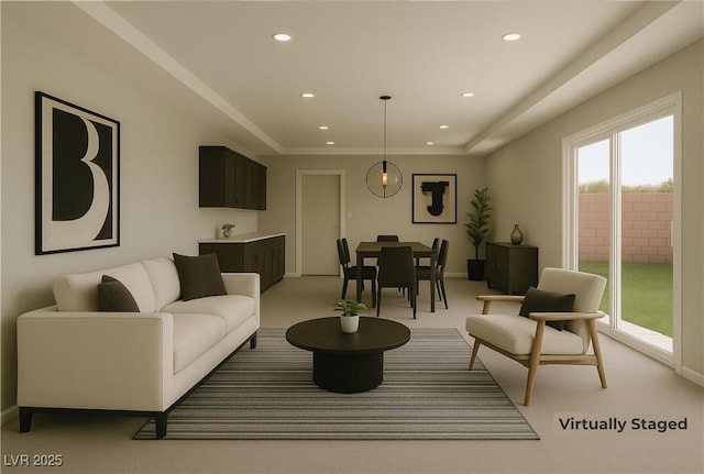 6507 Creekside Cellars Ct, Las Vegas, NV 89139 - living room featuring light carpet, recessed lighting, and baseboards
