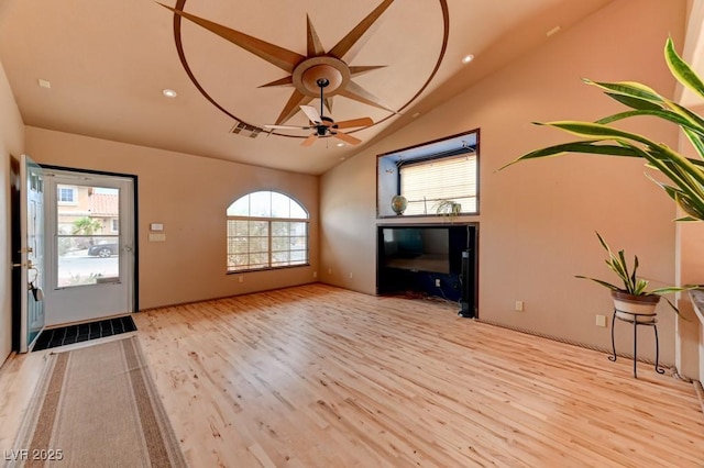 1523 Silver Point Ave, Las Vegas, NV 89123 - foyer entrance featuring vaulted ceiling, wood finished floors, ceiling fan, and recessed lighting