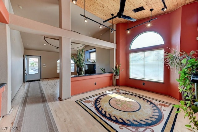 1523 Silver Point Ave, Las Vegas, NV 89123 - entryway featuring track lighting, a high ceiling, wood ceiling, a ceiling fan, and wood finished floors