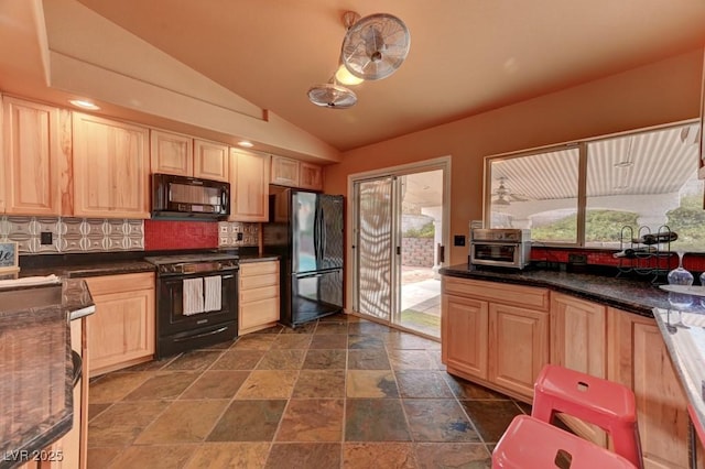 1523 Silver Point Ave, Las Vegas, NV 89123 - kitchen with black appliances, light brown cabinets, tasteful backsplash, stone tile flooring, and vaulted ceiling