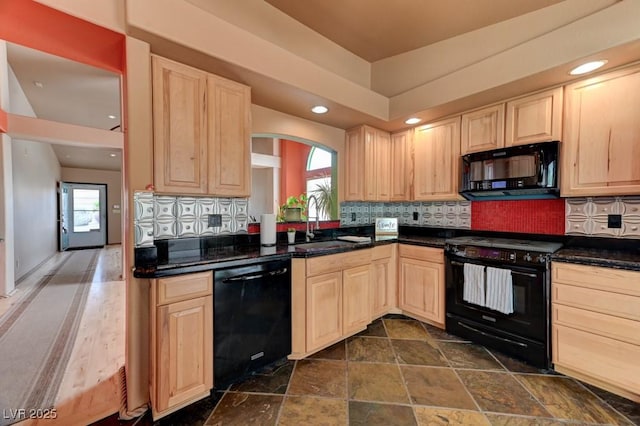 1523 Silver Point Ave, Las Vegas, NV 89123 - kitchen with black appliances, light brown cabinetry, a sink, healthy amount of natural light, and recessed lighting
