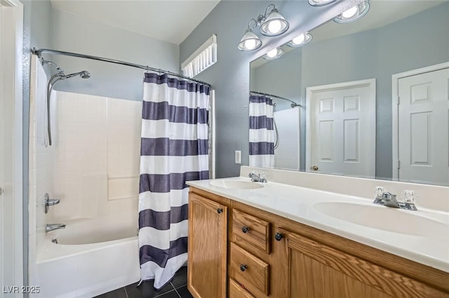 6321 Rolling Rose St Unit 201, North Las Vegas, NV 89081 - bathroom with shower / bath combination with curtain, double vanity, and tile patterned floors