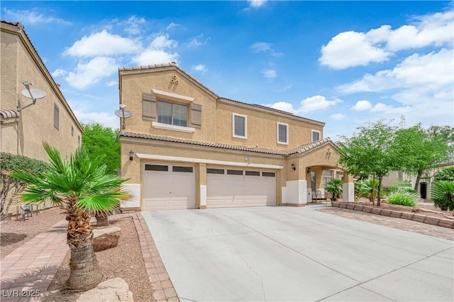 1808 Peyton Stewart Ct, North Las Vegas, NV 89086 - mediterranean / spanish house featuring stucco siding, a tile roof, an attached garage, and concrete driveway
